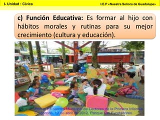 c) Función Educativa: Es formar al hijo con
hábitos morales y rutinas para su mejor
crecimiento (cultura y educación).
I- Unidad : Cívica I.E.P «Nuestra Señora de Guadalupe»
 