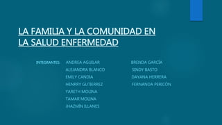 LA FAMILIA Y LA COMUNIDAD EN
LA SALUD ENFERMEDAD
INTEGRANTES: ANDREA AGUILAR
ALEJANDRA BLANCO
EMILY CANDIA
HENRRY GUTIERREZ
YARETH MOLINA
TAMAR MOLINA
JHAZMÍN ILLANES
BRENDA GARCÍA
SINDY BASTO
DAYANA HERRERA
FERNANDA PERICÓN
 