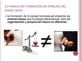 LA FAMILIA EN FORMACIÓN EN PAREJAS DEL
MISMO SEXO

   la formación de la pareja homosexual presenta las
    mismas bases que la pareja heterosexual, pero su
    organización y proyección futura es diferente.
 