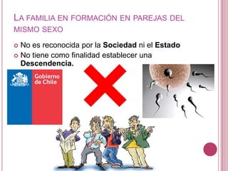 LA FAMILIA EN FORMACIÓN EN PAREJAS DEL
MISMO SEXO

 No es reconocida por la Sociedad ni el Estado
 No tiene como finalidad establecer una
  Descendencia.
 