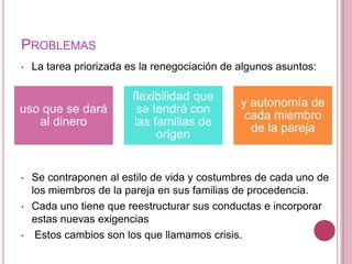 PROBLEMAS
•   La tarea priorizada es la renegociación de algunos asuntos:

                        flexibilidad que
                                               y autonomía de
uso que se dará           se tendrá con
                                                cada miembro
   al dinero             las familias de
                                                 de la pareja
                              origen


•   Se contraponen al estilo de vida y costumbres de cada uno de
    los miembros de la pareja en sus familias de procedencia.
•   Cada uno tiene que reestructurar sus conductas e incorporar
    estas nuevas exigencias
•    Estos cambios son los que llamamos crisis.
 