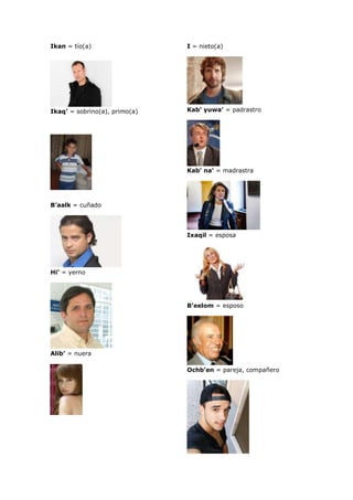 Ikan = tío(a)
Ikaq’ = sobrino(a), primo(a)
B’aalk = cuñado
Hi’ = yerno
Alib’ = nuera
I = nieto(a)
Kab’ yuwa’ = padrastro
Kab’ na’ = madrastra
Ixaqil = esposa
B’eelom = esposo
Ochb’en = pareja, compañero
 