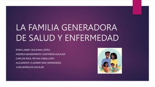 LA FAMILIA GENERADORA
DE SALUD Y ENFERMEDAD
ERIKA JAMEY GALEANA LÓPEZ
ANDREA MONSERRATH CASTAÑÓN AGUILAR
CARLOS RAÚL REYNA CABALLERO
ALEJANDRO VLADIMIR DÍAZ HERNÁNDEZ
JUAN MORALES AGUILAR
 
