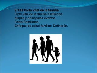 2.3 El Ciclo vital de la familia.
Ciclo vital de la familia: Definición
etapas y principales eventos.
Crisis Familiares.
Enfoque de salud familiar: Definición.
 