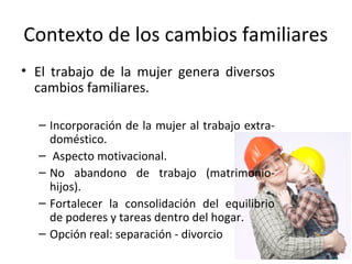 Contexto de los cambios familiares
• El trabajo de la mujer genera diversos
  cambios familiares.

  – Incorporación de la mujer al trabajo extra-
    doméstico.
  – Aspecto motivacional.
  – No abandono de trabajo (matrimonio-
    hijos).
  – Fortalecer la consolidación del equilibrio
    de poderes y tareas dentro del hogar.
  – Opción real: separación - divorcio
 