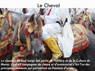 Le cheval a de tout temps fait partie de l’histoire et de la Culture du
Maroc. c'est un compagnon de chasse et d'aventure et c'est l'un des
principaux éléments qui permettent au Fantasia d'exister
Le Cheval
 