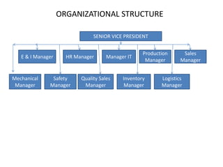 ORGANIZATIONAL STRUCTURE

                               SENIOR VICE PRESIDENT


                                                   Production      Sales
   E & I Manager     HR Manager      Manager IT
                                                    Manager       Manager


Mechanical     Safety     Quality Sales    Inventory      Logistics
 Manager      Manager      Manager         Manager        Manager
 