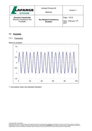 Lafarge Process Kit
Methods
Version 1
Direction Industrielle
Direction Assistance des
Procédés
Dry Weight Consistency
Analysis
Page : 10/18
Date : February 13
th
,
2007
© Copyright 2006, Lafarge Plâtres
All rights reserved. No part of this document may be reproduced, stored in a retrieval system, translated, or transmitted in any form or by any means, electronic, mechanical,
photocopying, recording, or otherwise, without prior written permission of Lafarge Plâtres. CONFIDENTIAL The information contained herein is confidential and proprietary to
Lafarge Plâtres. It may not be disclosed or transferred, directly or indirectly, to any third party without the explicit written permission of Lafarge Plâtres
7.4 Examples
7.4.1 Theoretical
Signal to analysis :
-1,5
-1
-0,5
0
0,5
1
1,5
0 20 40 60 80 100
1. Cumulative mean and standard deviation
 