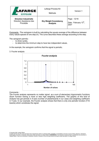 Lafarge Process Kit
Methods
Version 1
Direction Industrielle
Direction Assistance des
Procédés
Dry Weight Consistency
Analysis
Page : 12/18
Date : February 13
th
,
2007
© Copyright 2006, Lafarge Plâtres
All rights reserved. No part of this document may be reproduced, stored in a retrieval system, translated, or transmitted in any form or by any means, electronic, mechanical,
photocopying, recording, or otherwise, without prior written permission of Lafarge Plâtres. CONFIDENTIAL The information contained herein is confidential and proprietary to
Lafarge Plâtres. It may not be disclosed or transferred, directly or indirectly, to any third party without the explicit written permission of Lafarge Plâtres
Comments : The variogram is built by calculating the square average of the difference between
every values spaced of one step (h). The curve describes these average according to the step.
The variogram permits :
- to show cycles,
- to determine the minimum step to have two independent values.
In the example, the variogram confirms that the signal is periodic.
3. Fourier analysis
Fourier analysis
0
0,2
0,4
0,6
0,8
1
1,2
1 10 100
Number of values
Comments :
The Fourier analysis represents no matter signal as a sum of elementary trigonometric functions
(Each function having a more or less high weighting coefficient). The graphic of this kind of
analysis has got periods in X-axis (number of plasterboards in our case) and weighting coefficient
in Y-axis. In our example, the Fourier analysis shows that there is only one periodic function (T=6
boards) which constitutes the signal.
 