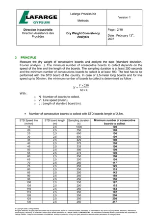 Lafarge Process Kit
Methods
Version 1
Direction Industrielle
Direction Assistance des
Procédés
Dry Weight Consistency
Analysis
Page : 2/18
Date : February 13
th
,
2007
© Copyright 2006, Lafarge Plâtres
All rights reserved. No part of this document may be reproduced, stored in a retrieval system, translated, or transmitted in any form or by any means, electronic, mechanical,
photocopying, recording, or otherwise, without prior written permission of Lafarge Plâtres. CONFIDENTIAL The information contained herein is confidential and proprietary to
Lafarge Plâtres. It may not be disclosed or transferred, directly or indirectly, to any third party without the explicit written permission of Lafarge Plâtres
3 PRINCIPLE
Measure the dry weight of consecutive boards and analyze the data (standard deviation,
Fourier analysis…). The minimum number of consecutive boards to collect depends on the
speed of the line and the length of the boards. The sampling duration is at least 250 seconds
and the minimum number of consecutives boards to collect is at least 100. The test has to be
performed with the STD board of the country. In case of 2,5-meter long boards and for line
speed up to 60m/mn, the minimum number of boards to collect is determined as follow :
L
V
N
×
×
=
60
250
With :
o N : Number of boards to collect,
o V : Line speed (m/mn),
o L : Length of standard board (m).
• Number of consecutive boards to collect with STD boards length of 2,5m.
STD Speed line
(m/mn)
STD board length
(m)
Sampling duration
(s)
Minimum number of consecutive
boards to collect
15 2,5 1000 100
20 2,5 750 100
25 2,5 600 100
30 2,5 500 100
35 2,5 429 100
40 2,5 375 100
45 2,5 333 100
50 2,5 300 100
55 2,5 273 100
60 2,5 250 100
65 2,5 250 108
70 2,5 250 117
75 2,5 250 125
80 2,5 250 133
85 2,5 250 142
90 2,5 250 150
95 2,5 250 158
100 2,5 250 167
105 2,5 250 175
110 2,5 250 183
115 2,5 250 192
120 2,5 250 200
125 2,5 250 208
130 2,5 250 217
 