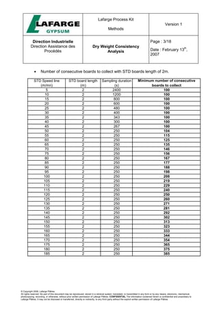 Lafarge Process Kit
Methods
Version 1
Direction Industrielle
Direction Assistance des
Procédés
Dry Weight Consistency
Analysis
Page : 3/18
Date : February 13
th
,
2007
© Copyright 2006, Lafarge Plâtres
All rights reserved. No part of this document may be reproduced, stored in a retrieval system, translated, or transmitted in any form or by any means, electronic, mechanical,
photocopying, recording, or otherwise, without prior written permission of Lafarge Plâtres. CONFIDENTIAL The information contained herein is confidential and proprietary to
Lafarge Plâtres. It may not be disclosed or transferred, directly or indirectly, to any third party without the explicit written permission of Lafarge Plâtres
• Number of consecutive boards to collect with STD boards length of 2m.
STD Speed line
(m/mn)
STD board length
(m)
Sampling duration
(s)
Minimum number of consecutive
boards to collect
5 2 2400 100
10 2 1200 100
15 2 800 100
20 2 600 100
25 2 480 100
30 2 400 100
35 2 343 100
40 2 300 100
45 2 267 100
50 2 250 104
55 2 250 115
60 2 250 125
65 2 250 135
70 2 250 146
75 2 250 156
80 2 250 167
85 2 250 177
90 2 250 188
95 2 250 198
100 2 250 208
105 2 250 219
110 2 250 229
115 2 250 240
120 2 250 250
125 2 250 260
130 2 250 271
135 2 250 281
140 2 250 292
145 2 250 302
150 2 250 313
155 2 250 323
160 2 250 333
165 2 250 344
170 2 250 354
175 2 250 365
180 2 250 375
185 2 250 385
 