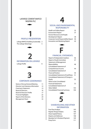 2012 ANNUAL REPORT • PAGE 1LAFARGE CEMENT WAPCO NIGERIA PLC
LAFARGE CEMENT WAPCO
NIGERIA PLC
1
2
3
5
4
PROFILE PRESENTATIO...