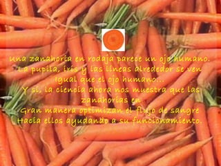 Una zanahoria en rodaja parece un ojo humano.  La pupila, iris y las líneas alrededor se ven  Igual que el ojo humano...  Y si, la ciencia ahora nos muestra que las zanahorias en Gran manera optimizan el flujo de sangre  Hacia ellos ayudando a su funcionamiento.  