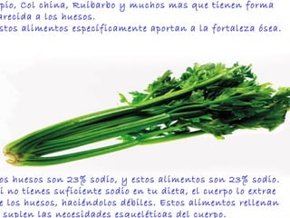 Apio, Col china, Ruibarbo y muchos mas que tienen forma  parecida a los huesos.  Estos alimentos específicamente aportan a la fortaleza ósea.  Los huesos son 23% sodio, y estos alimentos son 23% sodio.  Si no tienes suficiente sodio en tu dieta, el cuerpo lo extrae  De los huesos, haciéndolos débiles. Estos alimentos rellenan Y suplen las necesidades esqueléticas del cuerpo.  