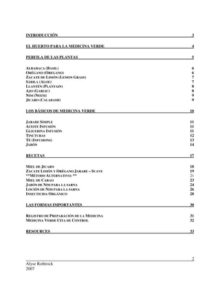 Alyse Rothrock
2007
2
INTRODUCCIÓN 3
EL HUERTO PARA LA MEDICINA VERDE 4
PERFILA DE LAS PLANTAS 5
ALBAHACA (BASIL) 6
ORÉGANO (OREGANO) 6
ZACATE DE LIMÓN (LEMON GRASS) 7
SÁBILA (ALOE) 7
LLANTÉN (PLANTAIN) 8
AJO (GARLIC) 8
NIM (NEEM) 9
JICARO (CALABASH) 9
LOS BÁSICOS DE MEDICINA VERDE 10
JARABE SIMPLE 11
ACEITE INFUSIÓN 11
GLICERINA INFUSIÓN 11
TINCTURAS 12
TÉ (INFUSIONS) 13
JABÓN 14
RECETAS 17
MIEL DE JICARO 18
ZACATE LIMÓN Y ORÉGANO JARABE – SUAVE 19
**MÉTODO ALTERNATIVO: ** 21
MIEL DE CARAO 23
JABÓN DE NIM PARA LA SARNA 24
LOCIÓN DE NIM PARA LA SARNA 26
INSECTICIDA ORGÁNICO 28
LAS FORMAS IMPORTANTES 30
REGISTRO DE PREPARACIÓN DE LA MEDICINA 31
MEDICINA VERDE CITA DE CONTROL 32
RESOURCES 33
 