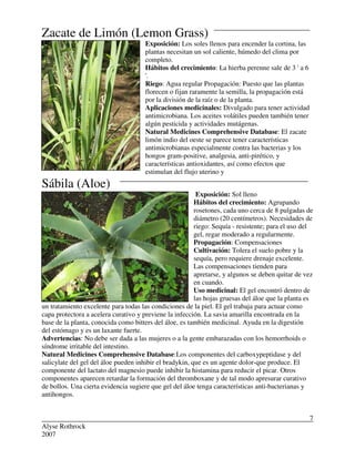 Alyse Rothrock
2007
7
Zacate de Limón (Lemon Grass)
Exposición: Los soles llenos para encender la cortina, las
plantas necesitan un sol caliente, húmedo del clima por
completo.
Hábitos del crecimiento: La hierba perenne sale de 3 ' a 6
'.
Riego: Agua regular Propagación: Puesto que las plantas
florecen o fijan raramente la semilla, la propagación está
por la división de la raíz o de la planta.
Aplicaciones medicinales: Divulgado para tener actividad
antimicrobiana. Los aceites volátiles pueden también tener
algún pesticida y actividades mutágenas.
Natural Medicines Comprehensive Database: El zacate
limón indio del oeste se parece tener características
antimicrobianas especialmente contra las bacterias y los
hongos gram-positive, analgesia, anti-pirético, y
características antioxidantes, así como efectos que
estimulan del flujo uterino y
Sábila (Aloe)
Exposición: Sol lleno
Hábitos del crecimiento: Agrupando
rosetones, cada uno cerca de 8 pulgadas de
diámetro (20 centímetros). Necesidades de
riego: Sequía - resistente; para el uso del
gel, regar moderado a regularmente.
Propagación: Compensaciones
Cultivación: Tolera el suelo pobre y la
sequía, pero requiere drenaje excelente.
Las compensaciones tienden para
apretarse, y algunos se deben quitar de vez
en cuando.
Uso medicinal: El gel encontró dentro de
las hojas gruesas del áloe que la planta es
un tratamiento excelente para todas las condiciones de la piel. El gel trabaja para actuar como
capa protectora a acelera curativo y previene la infección. La savia amarilla encontrada en la
base de la planta, conocida como bitters del áloe, es también medicinal. Ayuda en la digestión
del estómago y es un laxante fuerte.
Advertencias: No debe ser dada a las mujeres o a la gente embarazadas con los hemorrhoids o
síndrome irritable del intestino.
Natural Medicines Comprehensive Database:Los componentes del carboxypeptidase y del
salicylate del gel del áloe pueden inhibir el bradykin, que es un agente dolor-que produce. El
componente del lactato del magnesio puede inhibir la histamina para reducir el picar. Otros
componentes aparecen retardar la formación del thromboxane y de tal modo apresurar curativo
de bollos. Una cierta evidencia sugiere que gel del áloe tenga características anti-bacterianas y
antihongos.
 