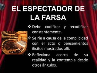 EL ESPECTADOR DE
     LA FARSA
    Debe codificar y recodificar
     constantemente.
    Se ríe a causa de la complicidad
     con el acto o pensamientos
     ilícitos mostrados allí.
    Reflexiona acerca de su
     realidad y la contempla desde
     otros ángulos.
 