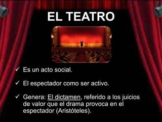 EL TEATRO



 Es un acto social.

 El espectador como ser activo.

 Genera: El dictamen, referido a los juicios
  de valor que el drama provoca en el
  espectador (Aristóteles).
 