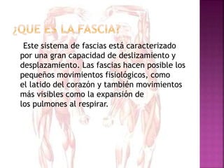 Este sistema de fascias está caracterizado
por una gran capacidad de deslizamiento y
desplazamiento. Las fascias hacen posible los
pequeños movimientos fisiológicos, como
el latido del corazón y también movimientos
más visibles como la expansión de
los pulmones al respirar.
 