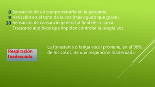 Sensación de un cuerpo extraño en la garganta.
Variación en el tono de la voz (más agudo que grave).
Sensación de cansancio general al final de la tarea.
Trastorno auditivos que impiden controlar la propia voz.
La fonastenia o fatiga vocal proviene, en el 90%
de los casos, de una respiración Inadecuada.
8
9
10
Respiración
Inadecuada
 