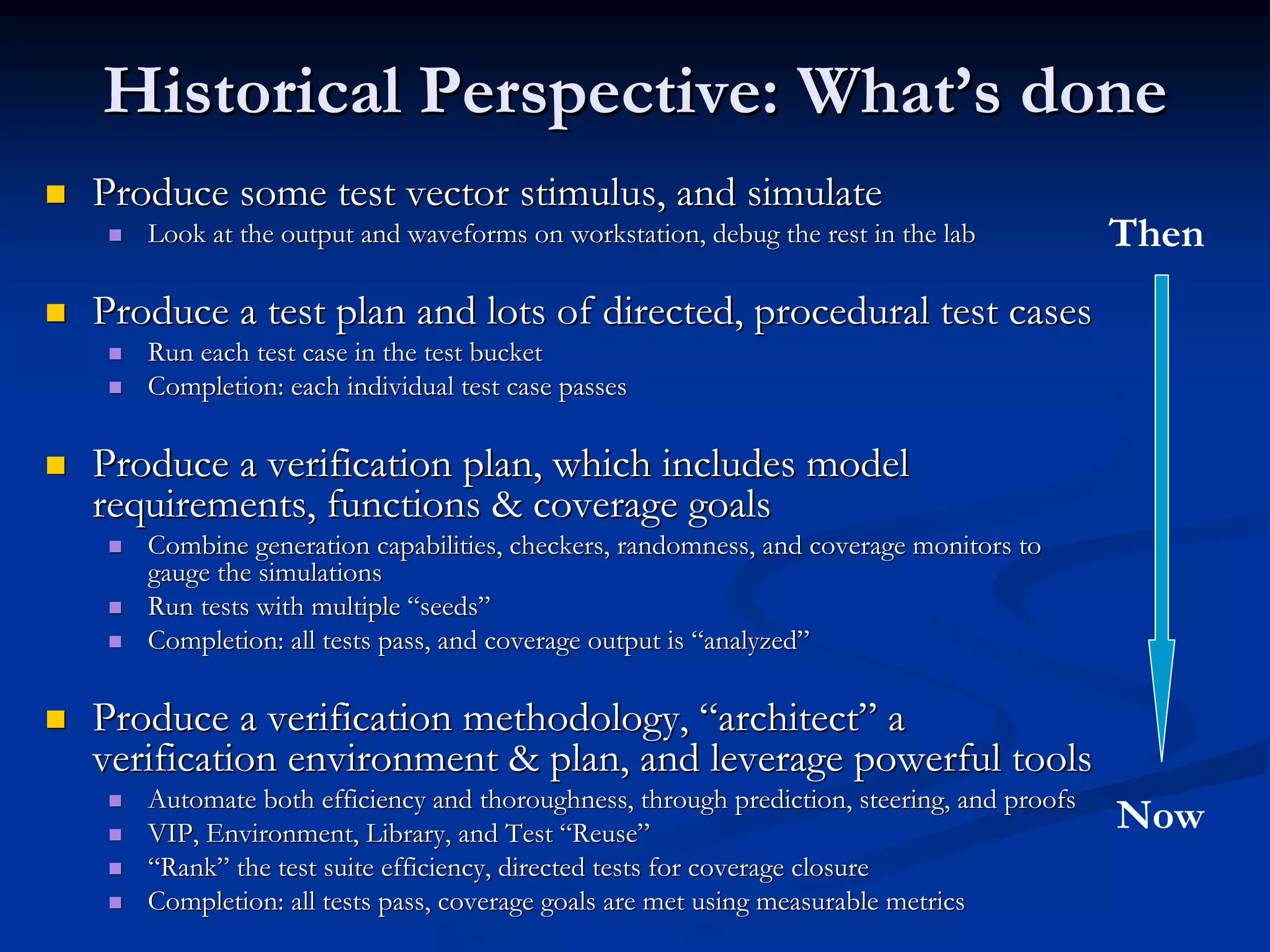 Historical Perspective: WhatHistorical Perspective: What’’s dones done Produce some test vector stimulus, and simulateProduce some test vector stimulus, and simulate Look at the output and waveforms on workstation, debug the restLook at the output and waveforms on workstation, debug the rest in the labin the lab Produce a test plan and lots of directed, procedural test casesProduce a test plan and lots of directed, procedural test cases Run each test case in the test bucketRun each test case in the test bucket Completion: each individual test case passesCompletion: each individual test case passes Produce a verification plan, which includes modelProduce a verification plan, which includes model requirements, functions & coverage goalsrequirements, functions & coverage goals Combine generation capabilities, checkers, randomness, and coverCombine generation capabilities, checkers, randomness, and coverage monitors toage monitors to gauge the simulationsgauge the simulations Run tests with multipleRun tests with multiple ““seedsseeds”” Completion: all tests pass, and coverage output isCompletion: all tests pass, and coverage output is ““analyzedanalyzed”” Produce a verification methodology,Produce a verification methodology, ““architectarchitect”” aa verification environment & plan, and leverage powerful toolsverification environment & plan, and leverage powerful tools Automate both efficiency and thoroughness, through prediction, sAutomate both efficiency and thoroughness, through prediction, steering, and proofsteering, and proofs VIP, Environment, Library, and TestVIP, Environment, Library, and Test ““ReuseReuse”” ““RankRank”” the test suite efficiency, directed tests for coverage closurethe test suite efficiency, directed tests for coverage closure Completion: all tests pass, coverage goals are met using measuraCompletion: all tests pass, coverage goals are met using measurable metricsble metrics Then Now 