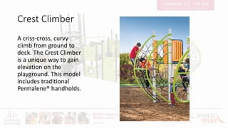 Crest Climber
A criss-cross, curvy
climb from ground to
deck. The Crest Climber
is a unique way to gain
elevation on the
playground. This model
includes traditional
Permalene® handholds.
 
