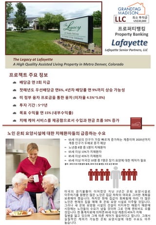 LLC

최소 투자금
US$30,000

프로퍼티뱅킹
Property Banking

Lafayette Senior Partners, LLC

The Legacy at Lafayette
A High Quality Assisted Living Property in Metro Denver, Colorado

프로젝트 주요 정보
배당금 연 2회 지급
첫해년도 우선배당금 연6%, 4년차 배당률 연 9%까지 상승 가능성
미 정부 융자 프로금을 통한 융자 (이자율 4.5%~5.0%)
투자 기간 : 5~7년
목표 수익율 연 15% (내부수익률)
치매 케어 서비스를 제공함으로서 수입과 현금 흐름 50% 증가

노인 은퇴 요양시설에 대한 치매환자들의 급증하는 수요
65세 이상의 인구가 가장 빠르게 증가하는 계층이며 2020년까지
계층 인구가 두배로 증가 예상
노년층 8명 중 1명이 치매환자
65세 이상 13%가 치매환자
85세 이상 45%가 치매환자
65세 이상 미국인 10명 중 7명은 장기 요양에 대한 케어가 필요
출처 : 2012 미국 치매 환자 통계, 2010 미국 통계청, 미국 보건 복지부

미국의 경기불황이 이어졌던 지난 2년간 은퇴 요양시설로
이주하기를 원했던 많은 노인은 집값 하락의 여파로 그러한 계획을
보류해야 했습니다. 하지만 현재 집값이 회복됨에 따라 더 많은
노인은 현재의 집을 매매 후 은퇴 요양 시설로 이주할 것입니다.
그러나 새 은퇴 요양원 시설의 건설이 지지부진 해왔기 때문에
시장에는 노인들의 수요가 넘칠 것이며 그로 인해 렌트비도 오를
것입니다. 한 통계자료에 의하면 85세 이상 계층의 45%가 치매
질병을 앓고 있으며 그에 따른 케어가 필요하다고 합니다. 그래서
실질적인 케어가 가능한 은퇴 요양시설에 대한 수요도 아주
높습니다.

 
