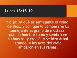Lucas 13:18-19
Y dijo: ¿A qué es semejante el reino
de Dios, y con qué lo compararé? Es
semejante al grano de mostaza,
que un hombre tomó y sembró en
su huerto; y creció, y se hizo árbol
grande, y las aves del cielo
anidaron en sus ramas.
 