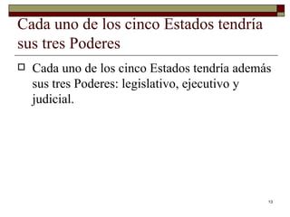 Cada uno de los cinco Estados tendría sus tres Poderes  Cada uno de los cinco Estados tendría además sus tres Poderes: legislativo, ejecutivo y judicial.  