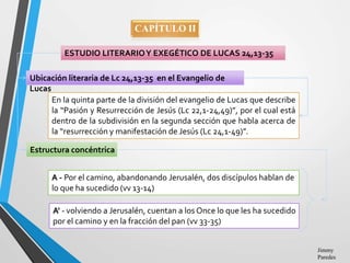 Jimmy
Paredes
CAPÍTULO II
ESTUDIO LITERARIOY EXEGÉTICO DE LUCAS 24,13-35
Ubicación literaria de Lc 24,13-35 en el Evangeli...