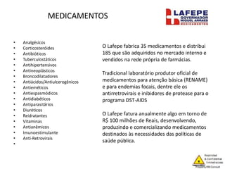 MEDICAMENTOS
• Analgésicos
• Corticosteróides
• Antibióticos
• Tuberculostáticos
• Antihipertensivos
• Antineoplásticos
• Broncodilatadores
• Antiácidos/Antiulcerogênicos
• Antieméticos
• Antiespasmódicos
• Antidiabéticos
• Antiparasitários
• Diuréticos
• Reidratantes
• Vitaminas
• Antianêmicos
• Imunoestimulante
• Anti-Retrovirais
•
O Lafepe fabrica 35 medicamentos e distribui
185 que são adquiridos no mercado interno e
vendidos na rede própria de farmácias.
Tradicional laboratório produtor oficial de
medicamentos para atenção básica (RENAME)
e para endemias focais, dentre ele os
antirretrovirais e inibidores de protease para o
programa DST-AIDS
O Lafepe fatura anualmente algo em torno de
R$ 100 milhões de Reais, desenvolvendo,
produzindo e comercializando medicamentos
destinados às necessidades das políticas de
saúde pública.
 