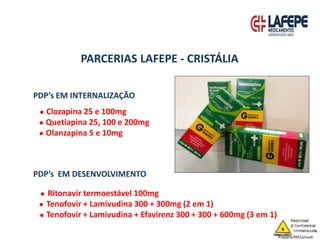PDP’s EM DESENVOLVIMENTO
● Ritonavir termoestável 100mg
● Tenofovir + Lamivudina 300 + 300mg (2 em 1)
● Tenofovir + Lamivudina + Efavirenz 300 + 300 + 600mg (3 em 1)
PDP’s EM INTERNALIZAÇÃO
● Clozapina 25 e 100mg
● Quetiapina 25, 100 e 200mg
● Olanzapina 5 e 10mg
PARCERIAS LAFEPE - CRISTÁLIA
 