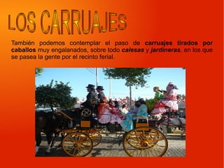 También podemos contemplar el paso de carruajes tirados por
caballos muy engalanados, sobre todo calesas y jardineras, en los que
se pasea la gente por el recinto ferial.
 