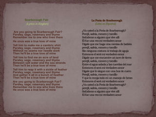Scarborough Fair
          (Lyrics in English)

Are you going to Scarborough Fair?
Parsley, sage, rosemary and thyme
Remember me to one who lives there
He once was a true love of mine
Tell him to make me a cambric shirt
Parsley, sage, rosemary and thyme
Without no seams nor needle work
Then he'll be a true love of mine
Tell him to find me an acre of land
Parsley, sage, rosemary and thyme
Between salt water and the sea strands
Then he'll be a true love of mine
Tell him to reap it with a sickle of leather
Parsley, sage, rosemary and thyme
And gather it all in a bunch of heather
Then he'll be a true love of mine
Are you going to Scarborough Fair?
Parsley, sage, rosemary and thyme
Remember me to one who lives there
He once was a true love of mine
 