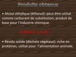 •  Alcool éthylique (éthanol): peut être utilisé comme carburant de substitution; produit de base pour l’industrie chimique.   FORMULE: C 2 H 5 OH •  Résidu solide (déchets végétaux): riche en protéines, utilisé pour  l’alimentation animale. 