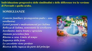 Individuazione progressiva delle similitudini e delle differenze tra la versione
di Perrault e quella araba.
SOMIGLIANZE
Contesto familiare (protagonista padre – una
sorellastra)
Lavori pesanti e maltrattamenti per Salima
Bellezza di Salima, nonostante la sorellastra
Sorellastra Amira brutta e sgraziata
Aiutante pesciolino/fata
Ritorno a casa. Limite di tempo
Sequenza della festa
Lo zoccoletto viene perduto
Ricerca della ragazza da parte del principe
 