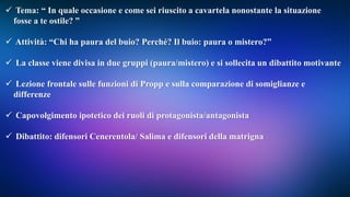  Tema: “ In quale occasione e come sei riuscito a cavartela nonostante la situazione
fosse a te ostile? ”
 Attività: “Chi ha paura del buio? Perché? Il buio: paura o mistero?”
 La classe viene divisa in due gruppi (paura/mistero) e si sollecita un dibattito motivante
 Lezione frontale sulle funzioni di Propp e sulla comparazione di somiglianze e
differenze
 Capovolgimento ipotetico dei ruoli di protagonista/antagonista
 Dibattito: difensori Cenerentola/ Salima e difensori della matrigna
 
