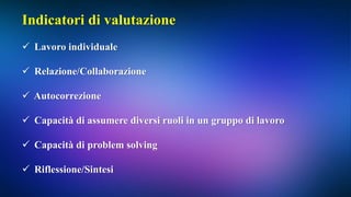 Indicatori di valutazione
 Lavoro individuale
 Relazione/Collaborazione
 Autocorrezione
 Capacità di assumere diversi ruoli in un gruppo di lavoro
 Capacità di problem solving
 Riflessione/Sintesi
 