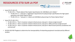Energie Forum - 30/11/2016 - SkylaneOptics©
RESSOURCES ETSI SUR LA POF
• Suite ETSI TS 105 175
• TS 105 175-1 : “Plastic Optical Fibre System Specifications for 100 Mbit/s and 1 Gbit/s.”
• TS 105 175-1-1 : “Sub-part 1: Application requirements for physical layer specifications for high-speed
operations over Plastic Optical Fibres”
• TS 105 175-1-2 : “Sub-part 2: 1 Gbit/s and 100 Mbit/s physical layer for Plastic Optical Fibres”
• Suite ETSI TS 105 174-5
• TS 105 174-5-1 : “Part 5: Customer network infrastructures; Sub-part 1: Homes (single-tenant)”
• TS 105 174-5-2 : “Part 5: Customer network infrastructures; Sub-part 2: Office premises (single-tenant)”
• TS 105 174-5-4 : “Part 5: Customer network infrastructures; Sub-part 4: Multi-tenant premises (residential and
commercial)”
• GR OEU 023 POF Plugtests to determine the interoperability of networking equipment manufactured by different
vendors
29
 