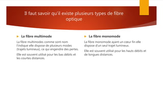 Il faut savoir qu’il existe plusieurs types de fibre
optique
 La fibre multimode
La fibre multimodes comme sont nom
l’indique elle dispose de plusieurs modes
(trajets lumineux), ce qui engendre des pertes.
Elle est souvent utilisé pour les bas débits et
les courtes distances.
 La fibre monomode
La fibre monomode ayant un cœur fin elle
dispose d’un seul trajet lumineux.
Elle est souvent utilisé pour les hauts débits et
de longues distances.
 