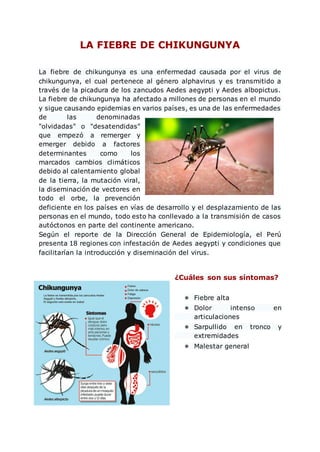LA FIEBRE DE CHIKUNGUNYA
La fiebre de chikungunya es una enfermedad causada por el virus de
chikungunya, el cual pertenece al género alphavirus y es transmitido a
través de la picadura de los zancudos Aedes aegypti y Aedes albopictus.
La fiebre de chikungunya ha afectado a millones de personas en el mundo
y sigue causando epidemias en varios países, es una de las enfermedades
de las denominadas
"olvidadas" o "desatendidas"
que empezó a remerger y
emerger debido a factores
determinantes como los
marcados cambios climáticos
debido al calentamiento global
de la tierra, la mutación viral,
la diseminación de vectores en
todo el orbe, la prevención
deficiente en los países en vías de desarrollo y el desplazamiento de las
personas en el mundo, todo esto ha conllevado a la transmisión de casos
autóctonos en parte del continente americano.
Según el reporte de la Dirección General de Epidemiología, el Perú
presenta 18 regiones con infestación de Aedes aegypti y condiciones que
facilitarían la introducción y diseminación del virus.
¿Cuáles son sus síntomas?
● Fiebre alta
● Dolor intenso en
articulaciones
● Sarpullido en tronco y
extremidades
● Malestar general
 
