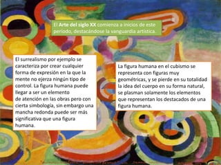 El surrealismo por ejemplo se
caracteriza por crear cualquier
forma de expresión en la que la
mente no ejerza ningún tipo de
control. La figura humana puede
llegar a ser un elemento
de atención en las obras pero con
cierta simbología, sin embargo una
mancha redonda puede ser más
significativa que una figura
humana.
La figura humana en el cubismo se
representa con figuras muy
geométricas, y se pierde en su totalidad
la idea del cuerpo en su forma natural,
se plasman solamente los elementos
que representan los destacados de una
figura humana.
El Arte del siglo XX comienza a inicios de este
período, destacándose la vanguardia artística.
 