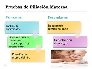 Pruebas de Filiación Materna
Primarias Secundarias
La sentencia
recaída en juicio
La declaración
de testigos
Partida de
nacimiento
Reconocimiento
hecho por la
madre o por sus
ascendientes
Posesión de
estado del hijo
 