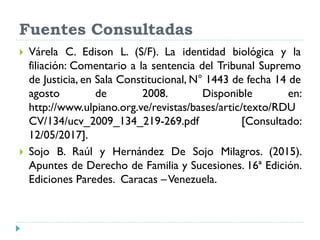 Fuentes Consultadas
 Várela C. Edison L. (S/F). La identidad biológica y la
filiación: Comentario a la sentencia del Tribunal Supremo
de Justicia, en Sala Constitucional, N° 1443 de fecha 14 de
agosto de 2008. Disponible en:
http://www.ulpiano.org.ve/revistas/bases/artic/texto/RDU
CV/134/ucv_2009_134_219-269.pdf [Consultado:
12/05/2017].
 Sojo B. Raúl y Hernández De Sojo Milagros. (2015).
Apuntes de Derecho de Familia y Sucesiones. 16ª Edición.
Ediciones Paredes. Caracas –Venezuela.
 