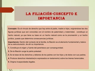 la filiaciÓn-cOncEPTO E
iMPORTancia
Concepto: Es el vínculo de derecho que hay entre el padre, madre e hijos, originándose las dos
figuras jurídicas que son conocidas con el nombre de paternidad y maternidad, constituye un
hecho natural, ya que tiene su base en un hecho natural como es la procreación y un hecho
jurídico, puesto que determina consecuencias jurídicas.
Importancia: Dentro del contexto de la familia, la filiación es el elemento fundamental y básico
de su estructuración, de ahí su importancia.
1. Constituye el origen y fuente del parentesco por consanguinidad.
2. De la filiación surge la patria potestad.
3. Es la base de los derechos y deberes de los padres con los hijos y de éstos con sus padres.
4. Produce derechos intestados(no expresados en testamento) sobre los bienes herenciales.
5. Origina incapacidades legales.
 