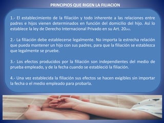 PRINCIPIOS QUE RIGEN LA FILIACION
1.- El establecimiento de la filiación y todo inherente a las relaciones entre
padres e hijos vienen determinados en función del domicilio del hijo. Así lo
establece la ley de Derecho Internacional Privado en su Art. 20243.
2.- La filiación debe establecerse legalmente. No importa la estrecha relación
que pueda mantener un hijo con sus padres, para que la filiación se establezca
que legalmente se pruebe.
3.- Los efectos producidos por la filiación son independientes del medio de
prueba empleado, y de la fecha cuando se estableció la filiación.
4.- Una vez establecida la filiación sus efectos se hacen exigibles sin importar
la fecha o el medio empleado para probarla.
 