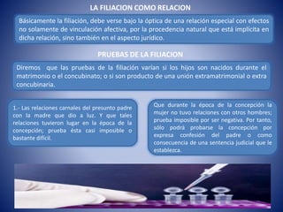 Diremos que las pruebas de la filiación varían si los hijos son nacidos durante el
matrimonio o el concubinato; o si son producto de una unión extramatrimonial o extra
concubinaria.
1.- Las relaciones carnales del presunto padre
con la madre que dio a luz. Y que tales
relaciones tuvieron lugar en la época de la
concepción; prueba ésta casi imposible o
bastante difícil.
Que durante la época de la concepción la
mujer no tuvo relaciones con otros hombres;
prueba imposible por ser negativa. Por tanto,
sólo podrá probarse la concepción por
expresa confesión del padre o como
consecuencia de una sentencia judicial que le
establezca.
LA FILIACION COMO RELACION
PRUEBAS DE LA FILIACION
Básicamente la filiación, debe verse bajo la óptica de una relación especial con efectos
no solamente de vinculación afectiva, por la procedencia natural que está implícita en
dicha relación, sino también en el aspecto jurídico.
 