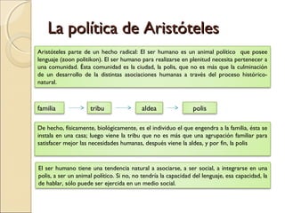 La política de Aristóteles
Aristóteles parte de un hecho radical: El ser humano es un animal político que posee
lenguaje (zoon politikon). El ser humano para realizarse en plenitud necesita pertenecer a
una comunidad. Ésta comunidad es la ciudad, la polis, que no es más que la culminación
de un desarrollo de la distintas asociaciones humanas a través del proceso histórico-
natural.



familia              tribu                aldea                 polis

De hecho, físicamente, biológicamente, es el individuo el que engendra a la familia, ésta se
instala en una casa; luego viene la tribu que no es más que una agrupación familiar para
satisfacer mejor las necesidades humanas, después viene la aldea, y por fin, la polis


El ser humano tiene una tendencia natural a asociarse, a ser social, a integrarse en una
polis, a ser un animal político. Si no, no tendría la capacidad del lenguaje, esa capacidad, la
de hablar, sólo puede ser ejercida en un medio social.
 