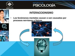 INTERACCIONISMO
• Los fenómenos mentales causan o son causados por
  procesos nerviosos o físicos.
 