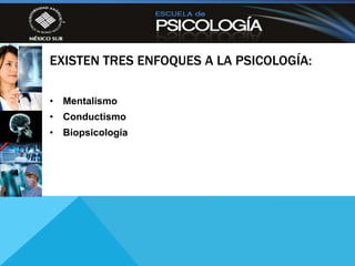 EXISTEN TRES ENFOQUES A LA PSICOLOGÍA:

• Mentalismo
• Conductismo
• Biopsicología
 